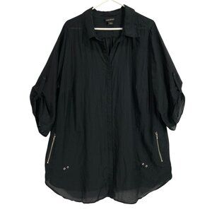 Lane Bryant Black Sheer Button Up Collared V-Neck Blouse Size 22/24 Zip Pockets